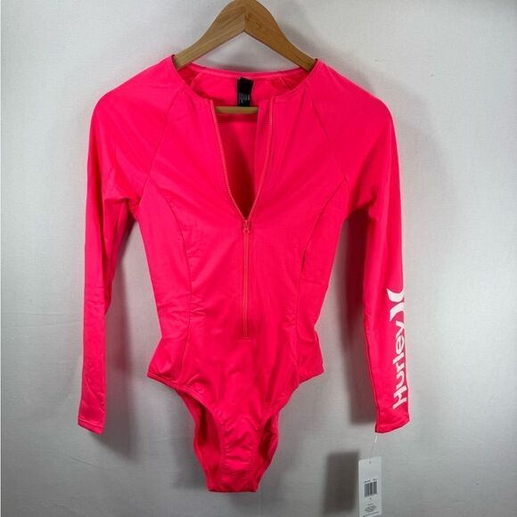Hurley Long Sleeve Womens One-Piece Front ZIp Swimsuit Melon Size Small NWT - Picture 1 of 8